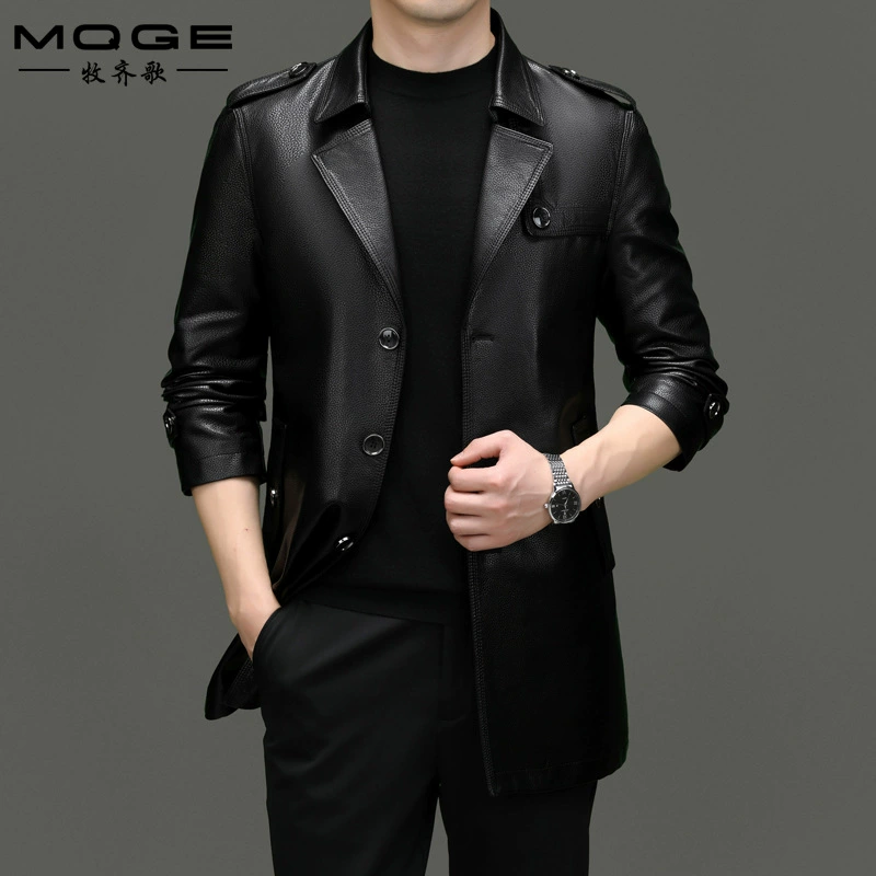 Весна и Осень и Зима Haining Кожаная куртка Мужская ветровка средней и длинной односбортная кожаная куртка бизнес-повседневная