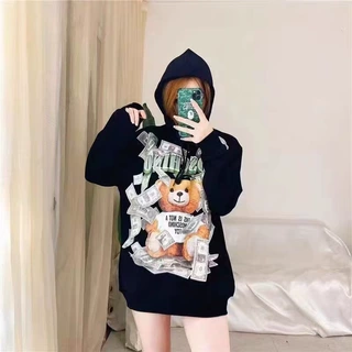 欧美风潮牌小熊连帽卫衣女 大版宽松中长款上衣情侣网红同款货源
