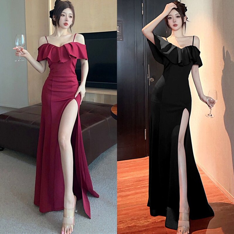 4265 light luxury Sexy Socialite style off-the-shoulder ruffled dress women's split off-leg slimming banquet dress long skirt 4265 light luxury Sexy Socialite style off-the-shoulder ruffled dress women's split off-leg slimming banquet dress long skirt