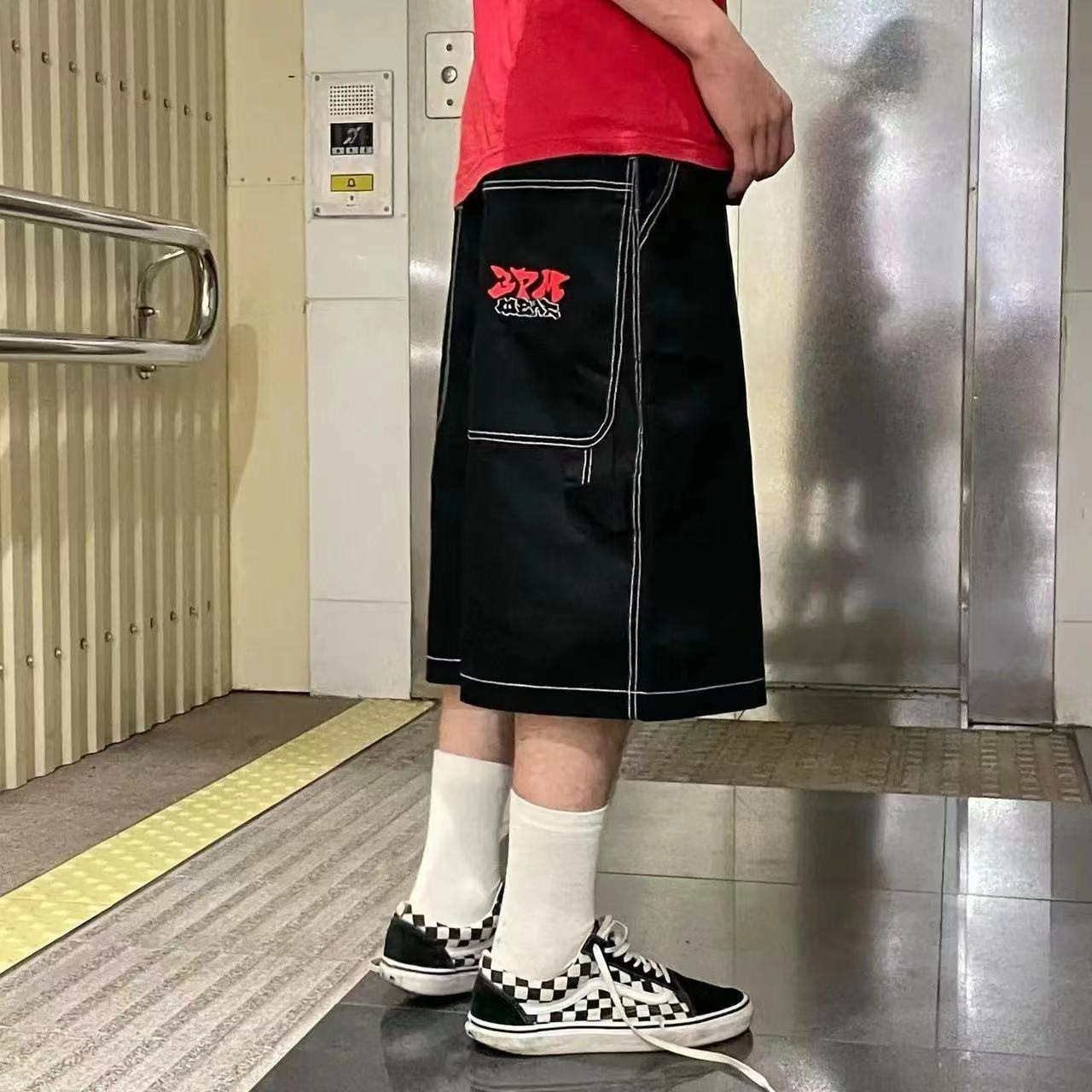 跨境夏季新款欧美潮流全刺绣字母牛仔短裤男士高街小众阔腿五分裤