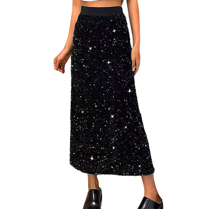 Gonna dritta comoda casual aderente midi in maglia con paillettes elegante GraceChic_voghion.com