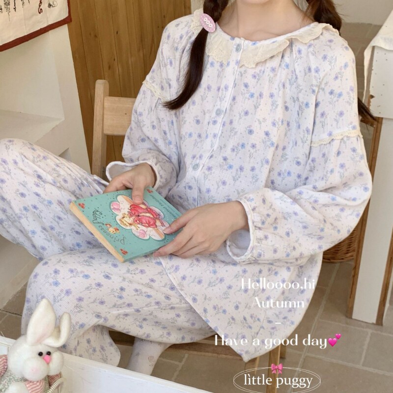 Little Puggy Korean Style Lace Trim Quilted Jacquard Double-Layer Gauze Loungewear Sweet Pure Cotton Pajamas for Women