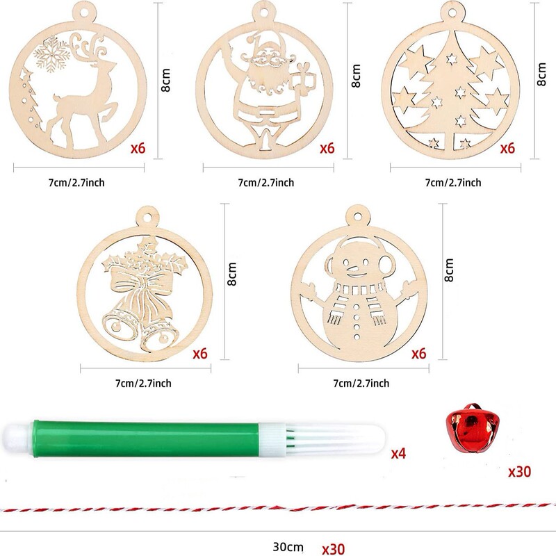 Amazon 30 pieces wooden unfinished Christmas pendant DIY children adult painting Christmas tree ornaments crafts