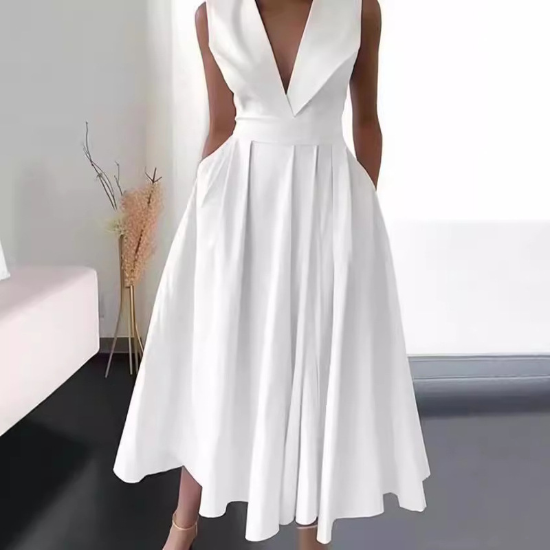 2023 New Cross-border Foreign Trade European and American Women's Summer Sleeveless Waist Bag Large Swing Mid-length Solid Color dress 2023 New Cross-border Foreign Trade European and American Women's Summer Sleeveless Waist Bag Large Swing Mid-length Solid Color dress