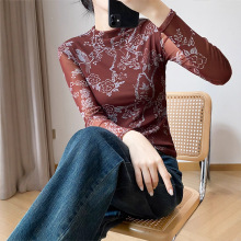 复古印花打底衫女秋装新款高级感网纱长袖t恤修身显瘦内搭上衣潮