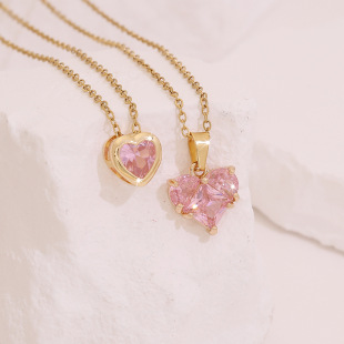 2 Pc Pink Zircon Love Stainless Steel Necklace Pendant Niche Clavicle Chain Jewelry Wholesale N1486