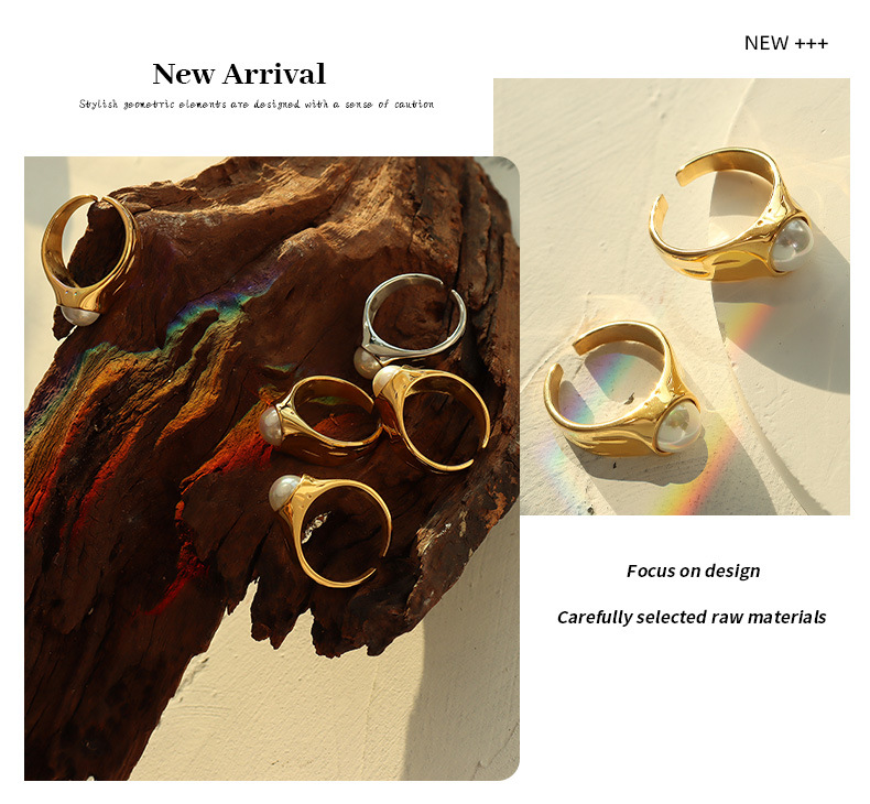 retro style niche design  pearl ring female titanium steel plated  Gold opening single ring_voghion.com