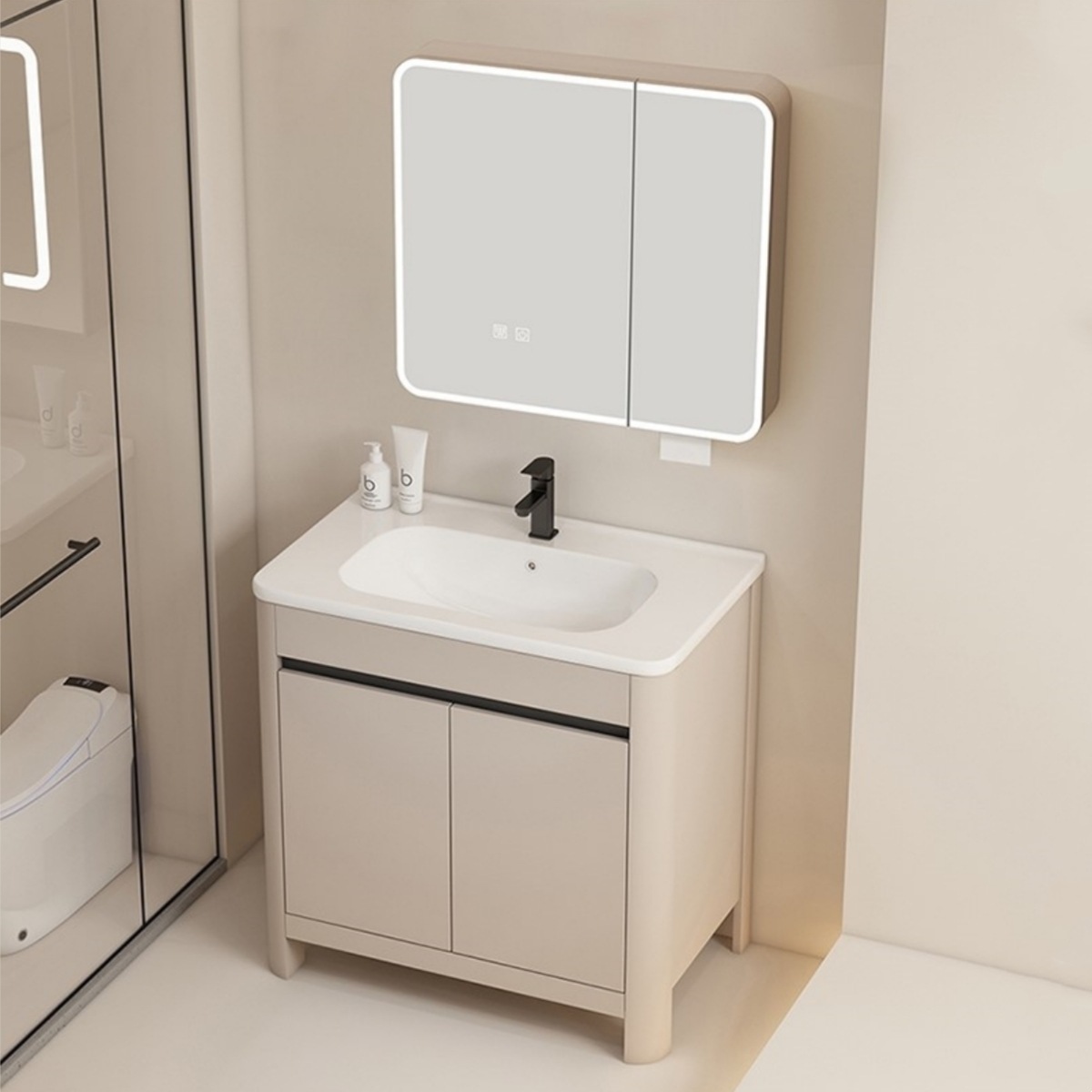 Baño de aire crema gabinete de baño de aluminio espacio combinado cerámica todo en un lavabo tipo piso lavabo gabinete lavabo