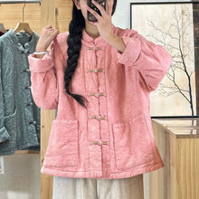 复古民族风棉麻夹棉盘扣长袖外套女 2025秋冬新款宽松大码薄棉衣