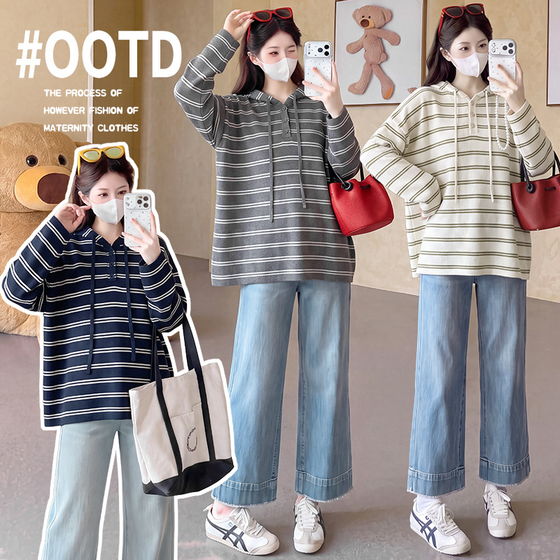 New autumn and winter loose-fitting hooded striped long-sleeve knit sweater for pregnant women, Korean style, plus size, casual and relaxed style, versatile top