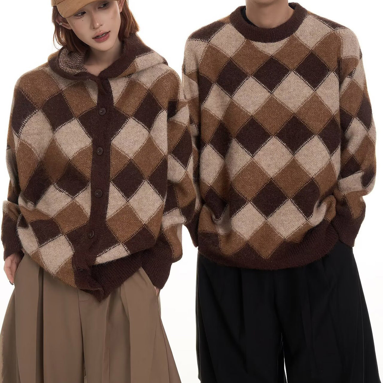 Explosiones transfronterizas de tamaño europeo gran tamaño Maillard jersey jersey de cuadrícula de diamante suéter pareja hombre cardigans fábrica de cuello redondo al por mayor