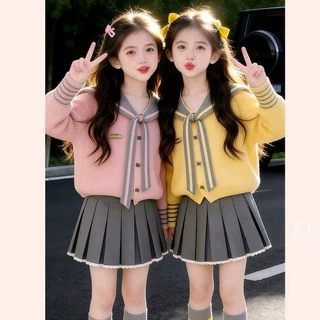 女童秋季毛衣套装学院风2026女孩百褶裙两件套装织里童装一件代发