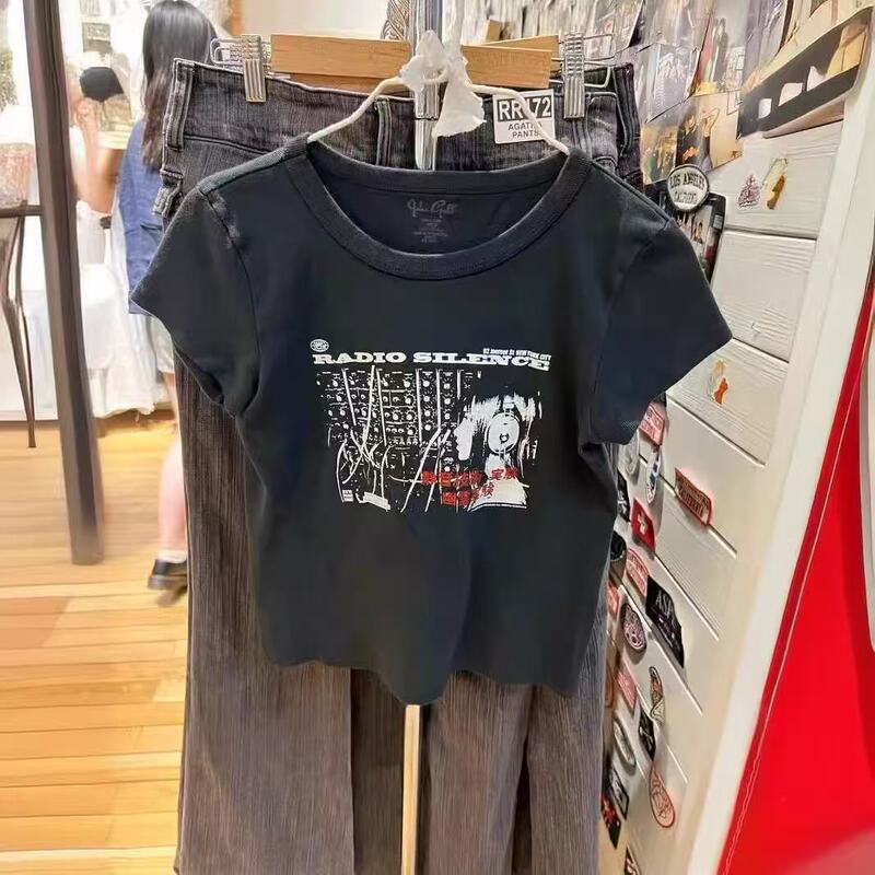 Bm Style New American-Style Radio Letter Guitar Ghost Print Short Top Regular Shoulder Short-Sleeve T-Shirt for Women Bm Style New American-Style Radio Letter Guitar Ghost Print Short Top Regular Shoulder Short-Sleeve T-Shirt for Women