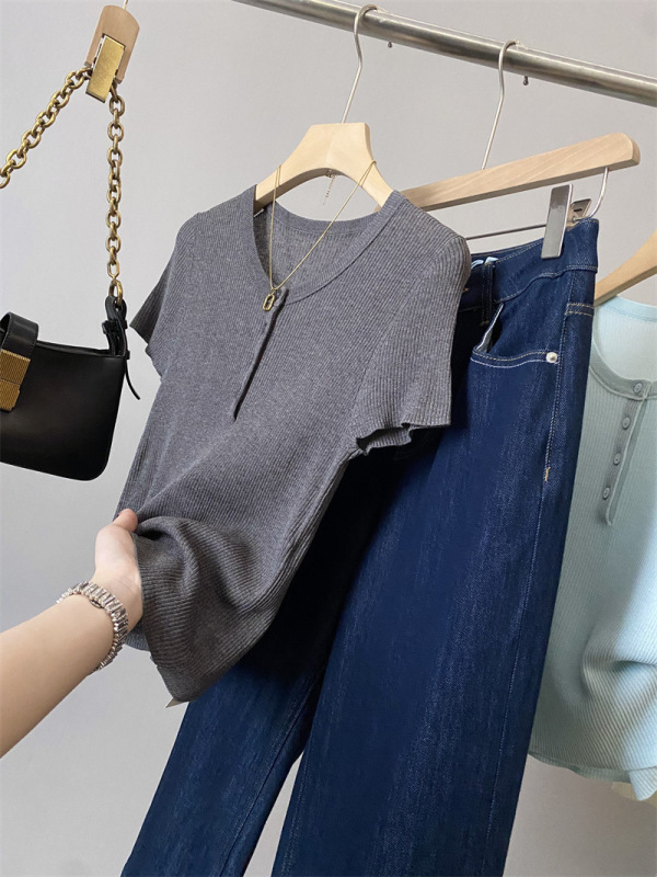 リヨセルリネン！韓国風万能ミニマリストスタイルハーフボタンラウンドネックニット半袖Tシャツ|undefined