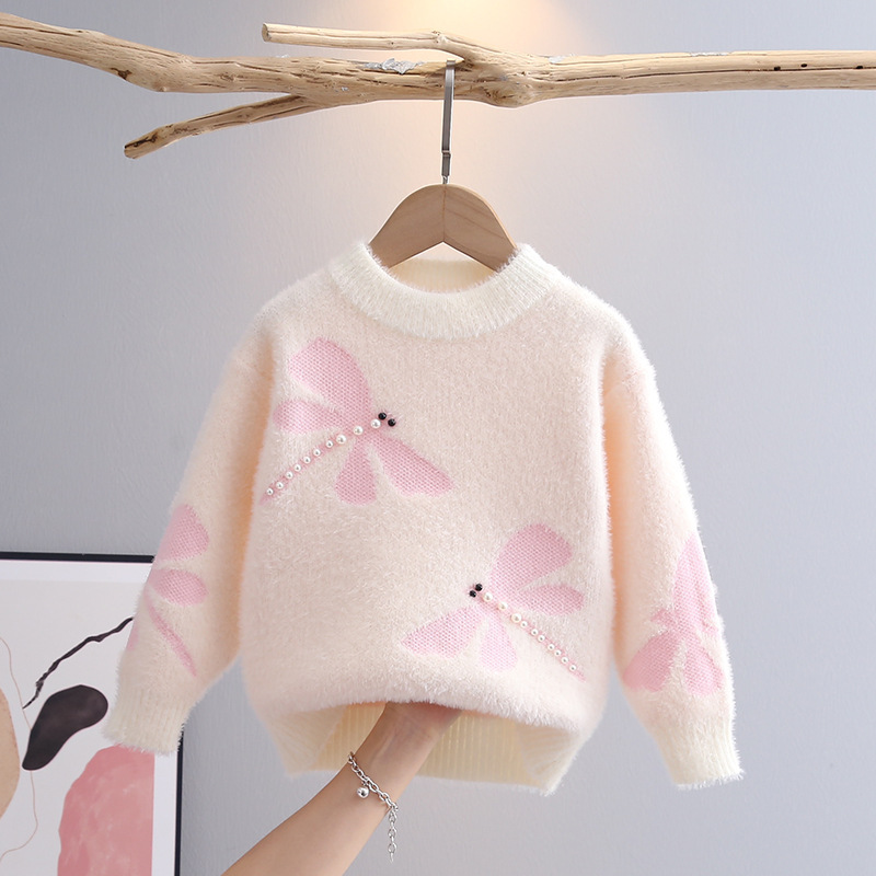 Girls' Knitwears, Bottoming Knitwears, Stylish Thickeneded Imitation Mink Velvet Girls' New Autumn and Winter Children's Pullovers for Babies