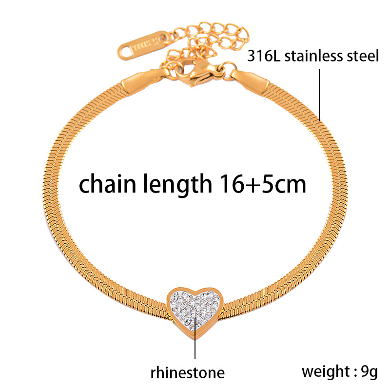 Fashion Heart Shape Titanium Steel Gold Plated Rhinestones Bracelets 1 Piece