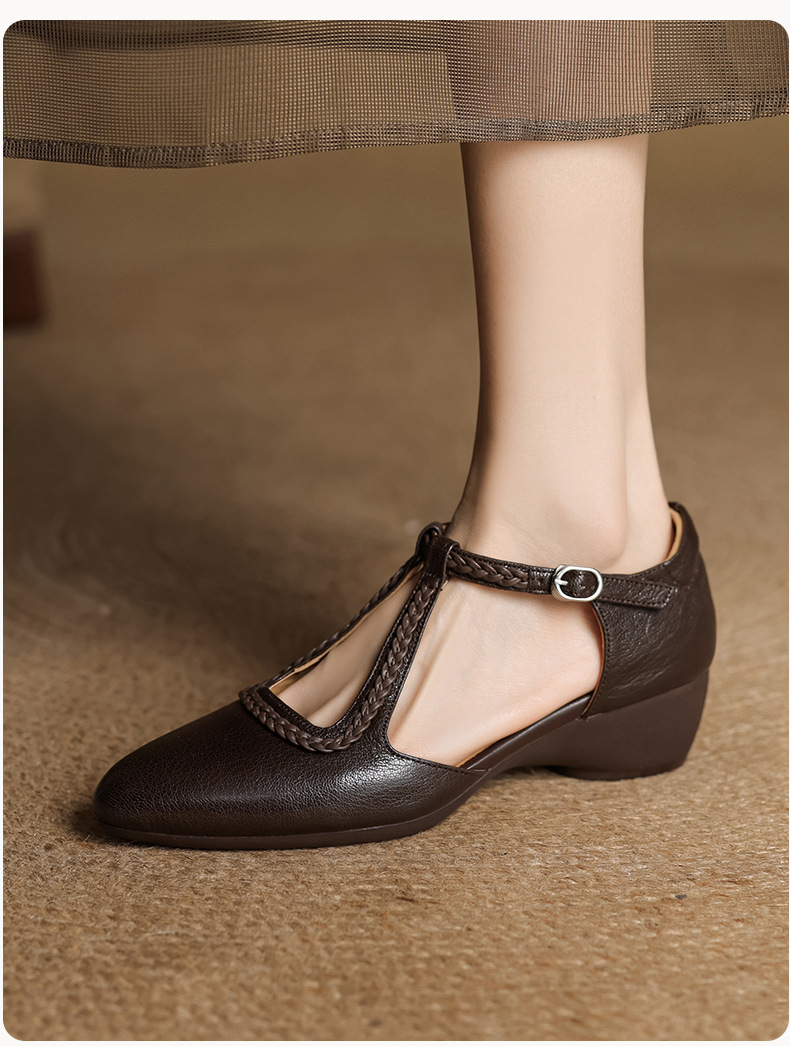 Sandal nữ quai ngang mũi nhọn da cừu đế xuồng gót 4.5 cm — nâu chi tiết 12