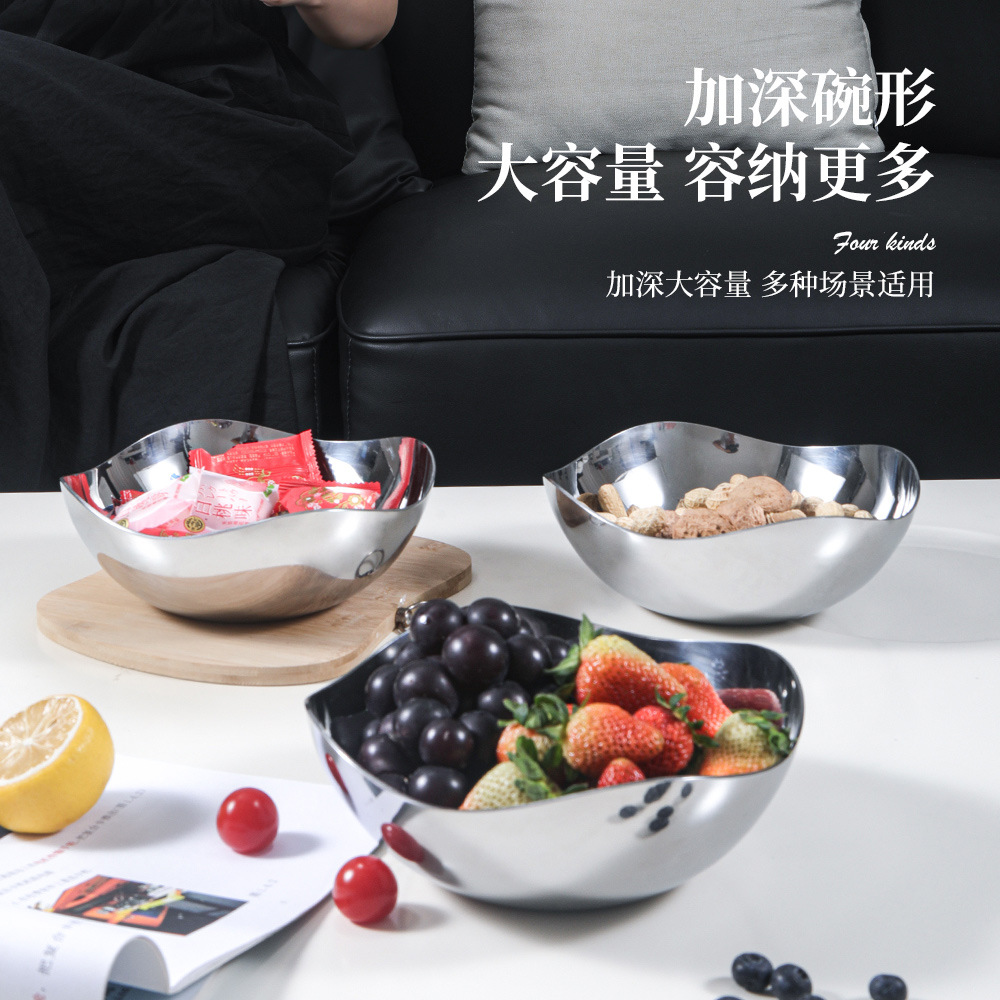 304 acero de acero inoxidable de tres capas platos de frutas platos de ensalada ondulados espejo casero platos de estilo coreano refrigerios