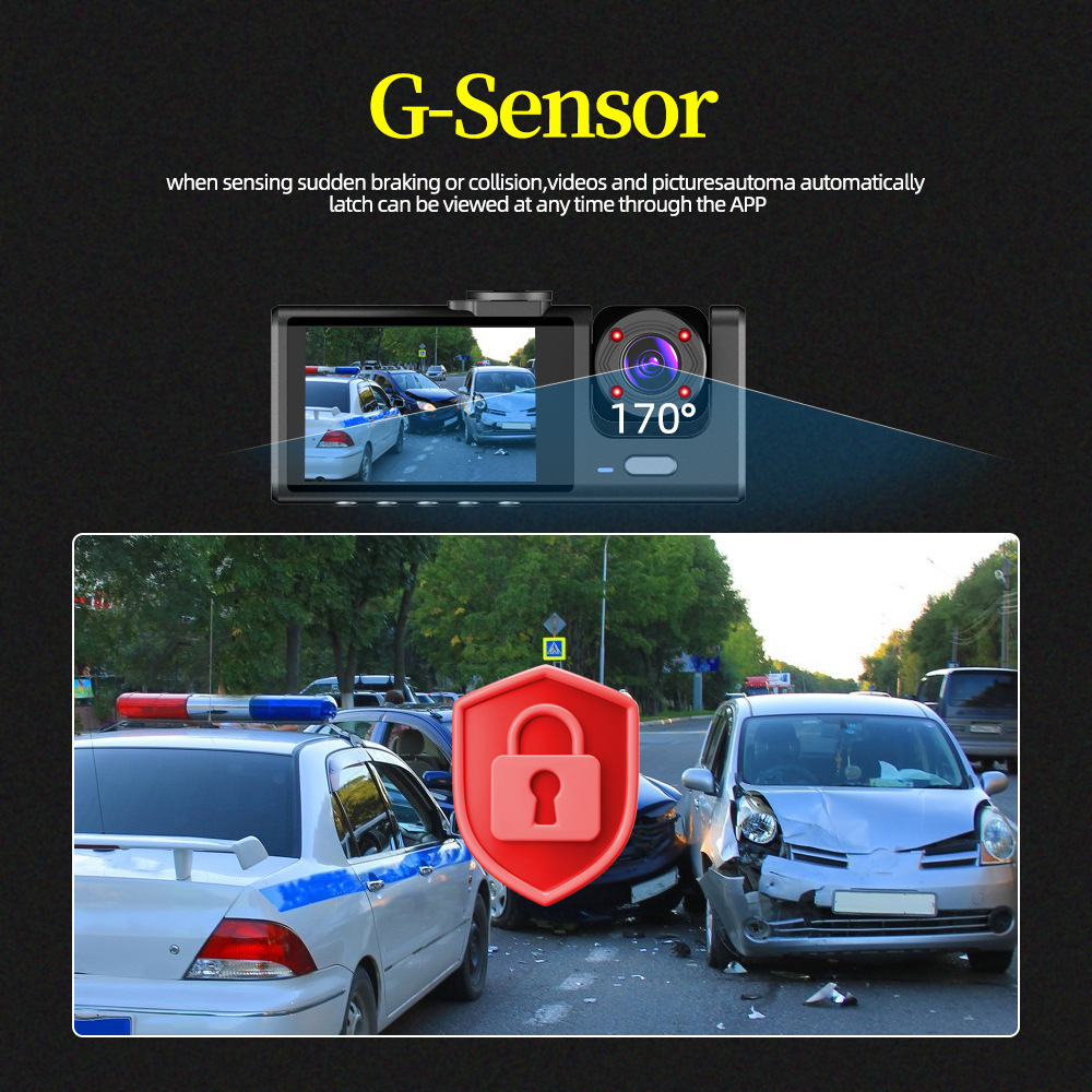 Three-Camera Dashcam with High-Definition Night Vision, Mobile Phone Connectivity, Simultaneous Recording of Front, Interior, and Rear of the Vehicle
