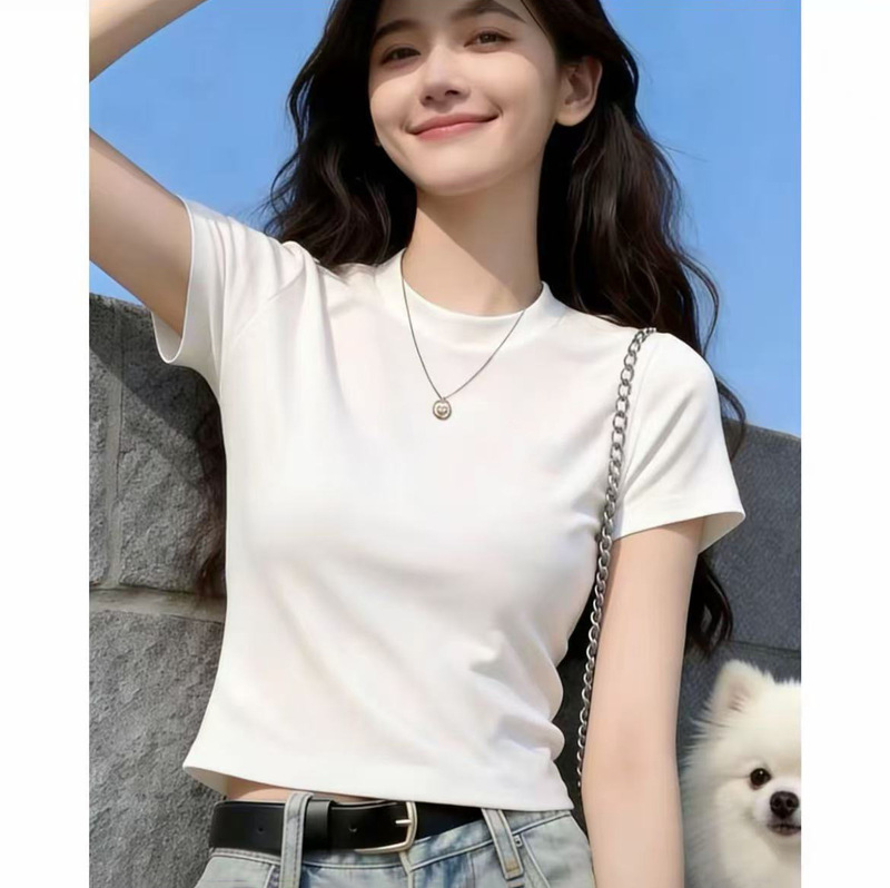Pure Cotton Short-Sleeved T-Shirt for Women in Summer, Round Neck, Slim Fit, Versatile, Slimming, High-Waisted, Short Style, Pure Color Top Ins Pure Cotton Short-Sleeved T-Shirt for Women in Summer, Round Neck, Slim Fit, Versatile, Slimming, High-Waisted, Short Style, Pure Color Top Ins