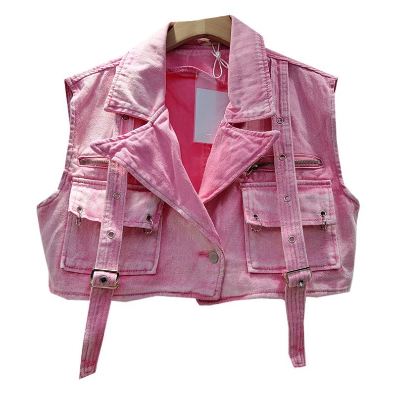 Estilo europeo y americano nuevo diseño personalidad edad-reducción Rosa ropa de trabajo gran bolsillo cinta Denim chaleco abrigo para las mujeres
