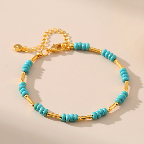 Summer New Luxury Niche Design Turquoise Handmade Bead Bracelet with Copper Tube Plated 18K Gold Elegance Necklace