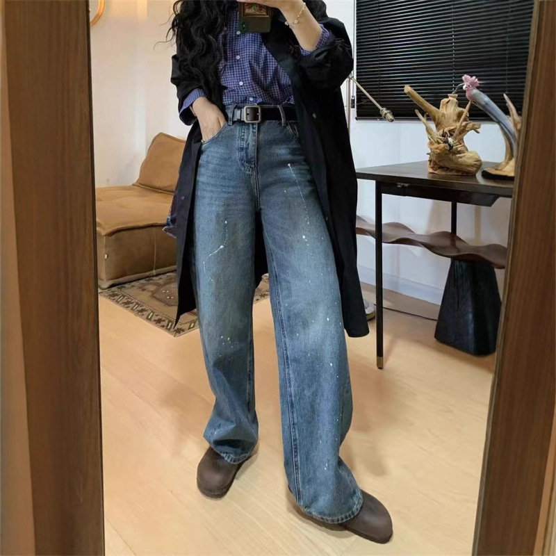 直筒牛仔裤女2025秋季新款手绘泼墨工艺百搭高腰显瘦垂感阔腿裤潮|undefined