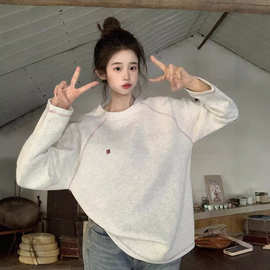 潮牌美式复古白灰色圆领卫衣女2024秋季新款宽松百搭简约风长袖潮
