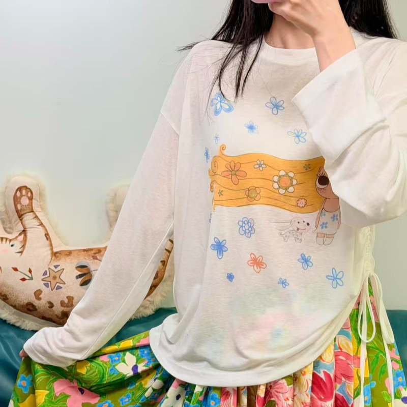 Thin Drawstring Sun Protection Cover-Up for Women, Summer Korean-Style Cartoon Print Long-Sleeve T-Shirt, Super Stylish and Relaxed Loose Top