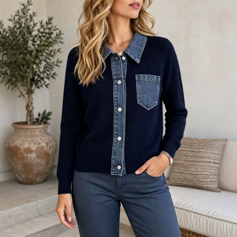 European and American style autumn/winter polo-neck patchwork denim knit cardigan sweater, loose and fashionable outerwear for women