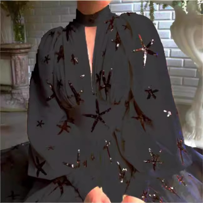Robe transfrontalière Amazon en mousseline de soie, col mi-haut, manches lanternes fendues, pleine longueur, nouvelle collection 2026