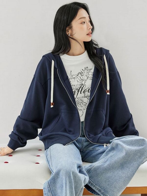 Casual Loose Hooded Sweatshirt for Women 2025 Early Autumn New Design Drawstring Versatile Short Zipper Cardigan Top