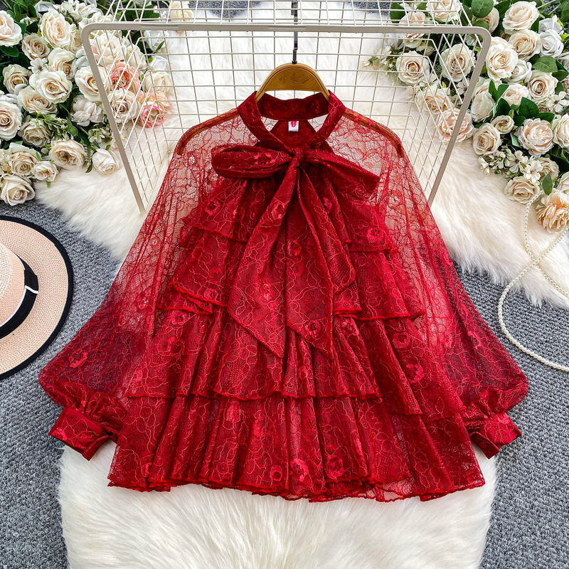 Fairy-Like Lace Blouse for Women, Autumn and Winter Elegant Socialite Style, Bowknot Round Neck Shirt with Layered Ruffle Design