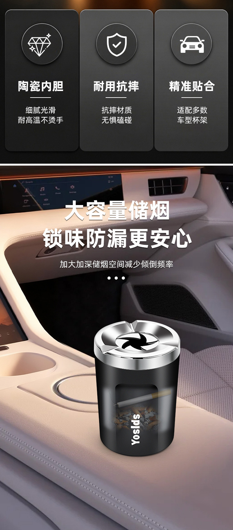 Car-mounted ashtray with rotating ceramic liner, high-end rotating lid, premium car accessory, sealed and anti-spill