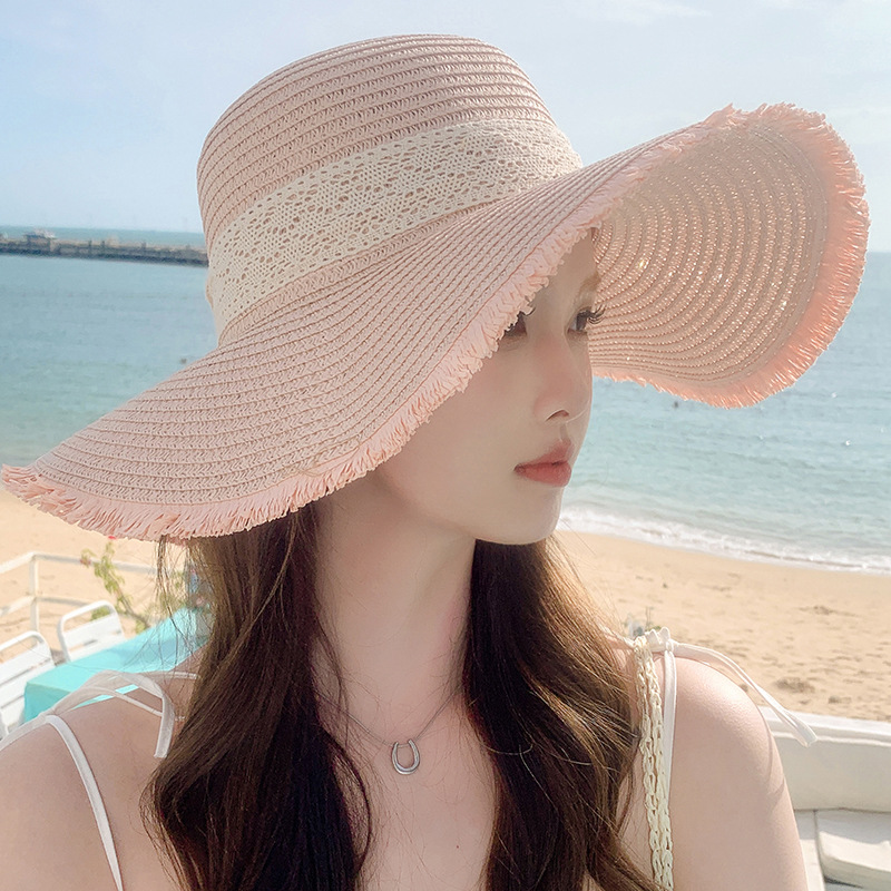 Korean Version of Small Fresh Sweet Fashionable Sunshade Hat for Women in Summer Large Brimmed Ribbon Outdoor Hat Large Brim Sun Hat Straw Hat_voghion.com