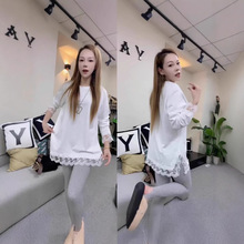 欧货大码中长款蕾丝拼接打底衫女秋冬新款宽松百搭休闲长袖T恤潮