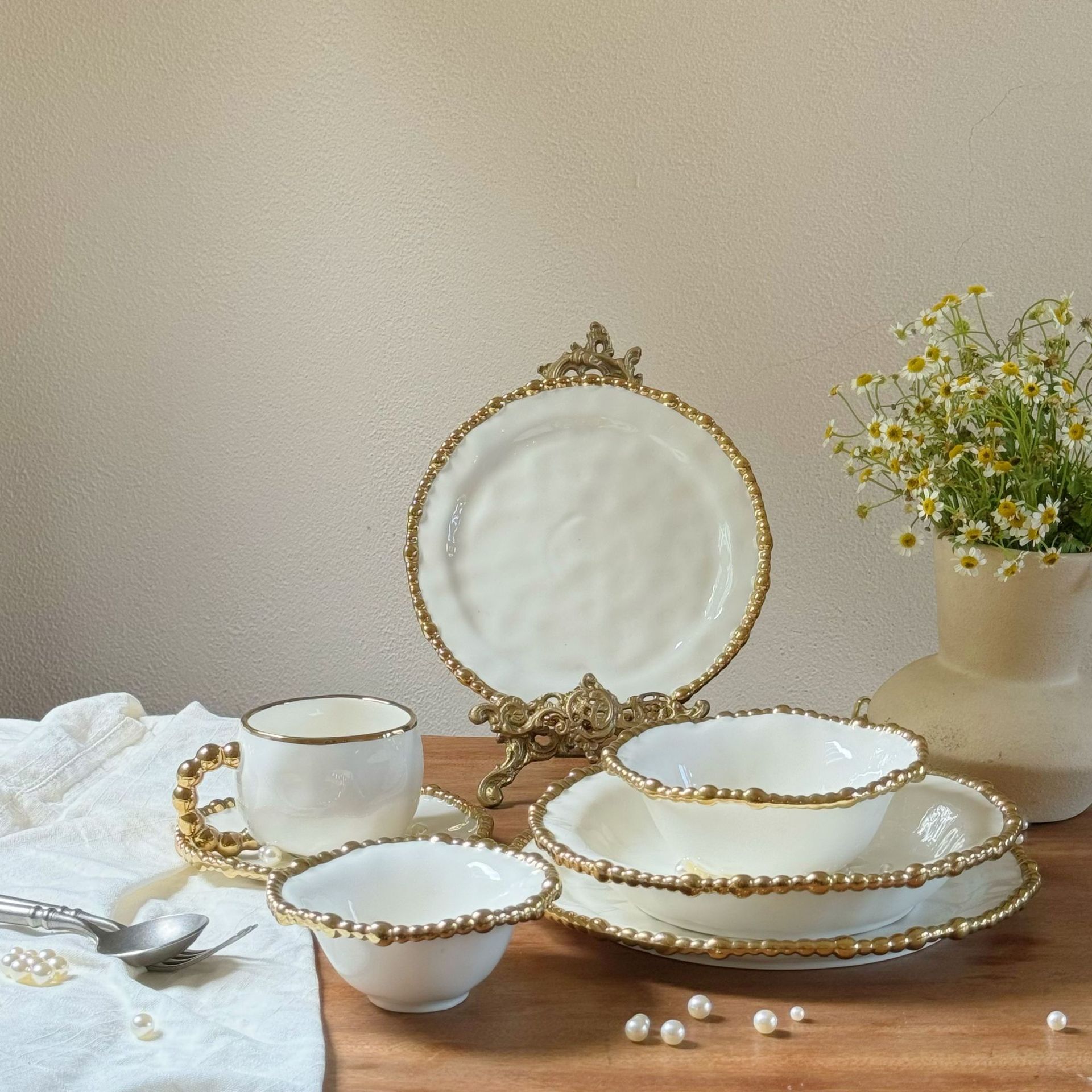 French electroplated gold pearl ceramic tableware
