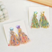 秋冬手工编织彩虹流苏耳饰彩色民族风耳环925银毛绒长款气质饰品