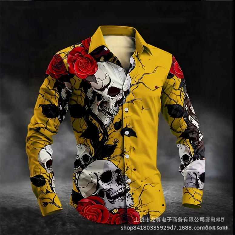 Amazon's Best-Selling Men's Skull Rose Print Shirt, Dark Style Casual Long-Sleeved Shirt, Cross-Border Men's Clothing Wholesale