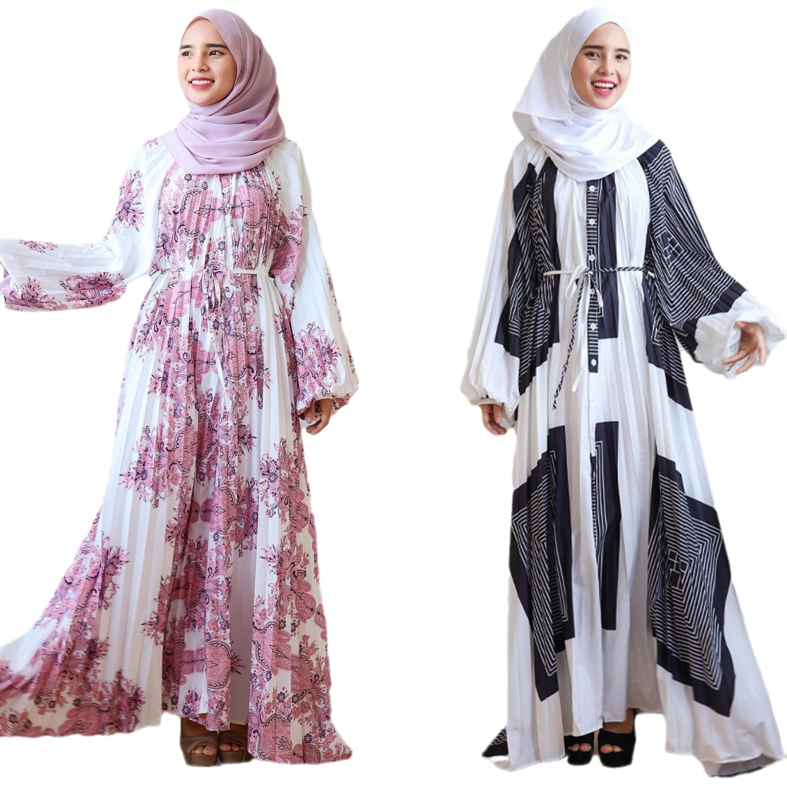 Middle East Muslim High-end Feminine Fashion With Lantern Sleeves, Printed Pleated Long Robe Dress_ecoleips.com