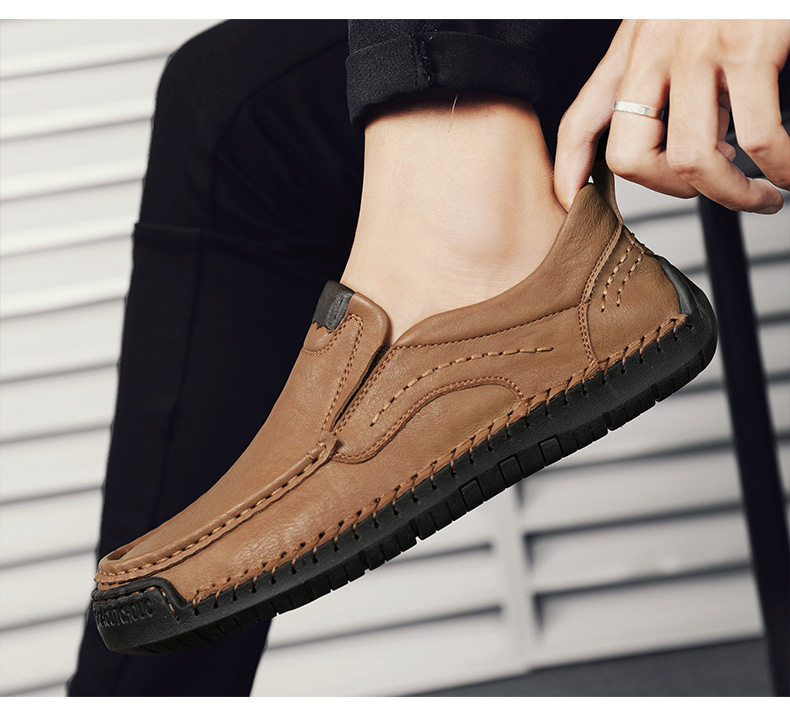 Giày lười nam da bò khâu thủ công cổ thấp mũi tròn, đế bằng — 9914 kaki, 9914 màu đen, 9914 nâu sẫm, Màu xám 9914 chi tiết 13