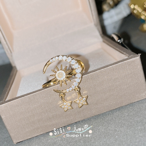 SIsi geometric niche sparkling diamond star and moon open ring gold-plated cool style internet celebrity fashion moonlight ring