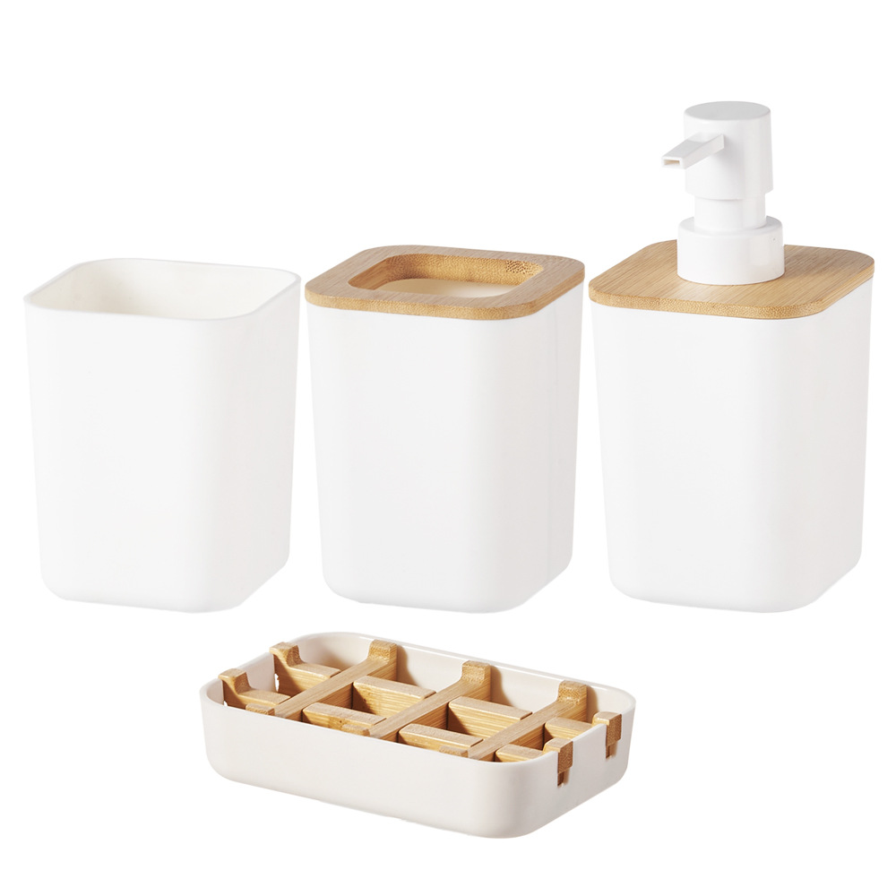 Juego de cuatro piezas de baño de bambú y madera, artículos de tocador de baño simples, soporte para cepillo de dientes, botella de loción, juego de combinación de taza de enjuague bucal