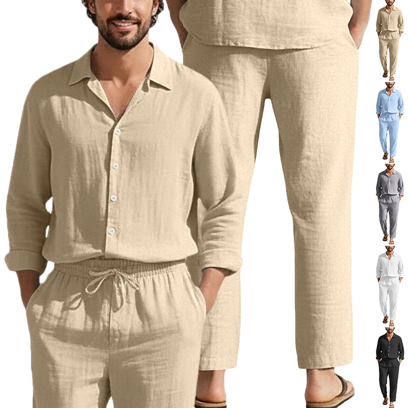 국경 간 독립 스테이션 미국 사계절 리넨 남성 캐주얼 루즈 비치 태양 보호 긴 소매 셔츠 바지 세트