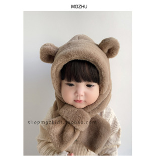 Baby's Hat and Scarf One-piece Winter Velvet Thickened Baby Ear Protection Hat Warm Windproof Children's Two-piece Set