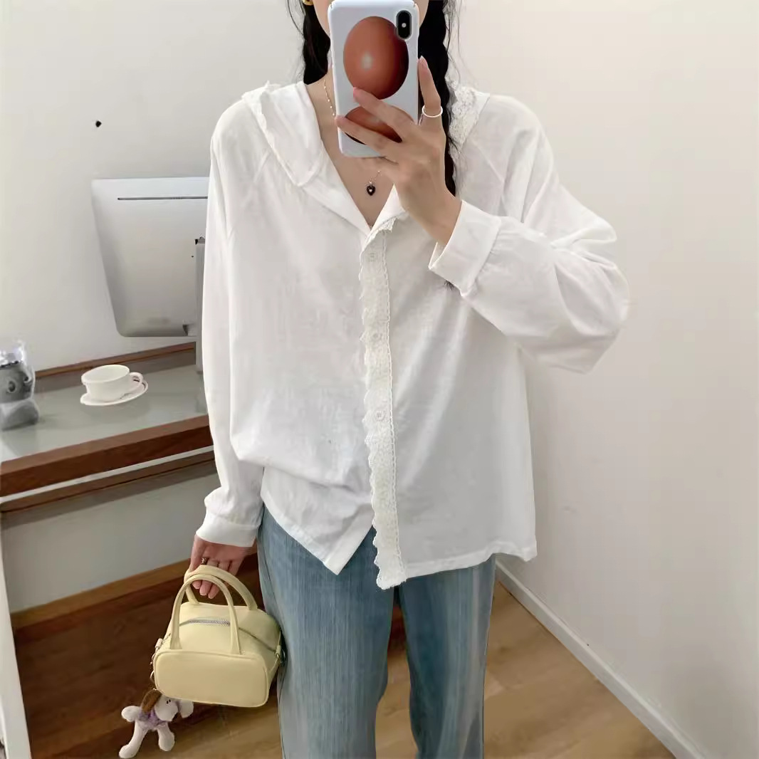 Autumn solid color lace white shirt with hood