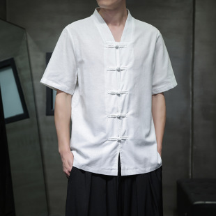 2024 men's new cross-border cotton and linen buckle hanfu Chinese style plus size men's casual Chinese short sleeve shirt