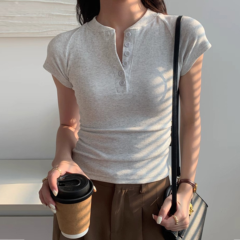 Summer Half-open Collar American Style Hot Girl V-neck Short Henley Shirt Slim-fit Thread Short-sleeved T-shirt High Waist Top for Women