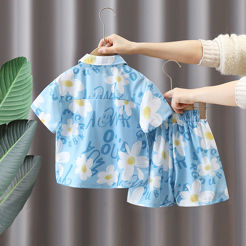 7113 Traje de ropa de playa para niños Camisa de flores de manga corta de verano Pantalones cortos Ropa de verano de vacaciones para niños Traje de dos piezas Red Red Tide