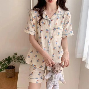 K-style Japanese Style Style Bubble Cotton Cardigan Lapel Pajamas Women's Short-sleeved Shorts Cartoon Sweet Suit Home Cross-border Export